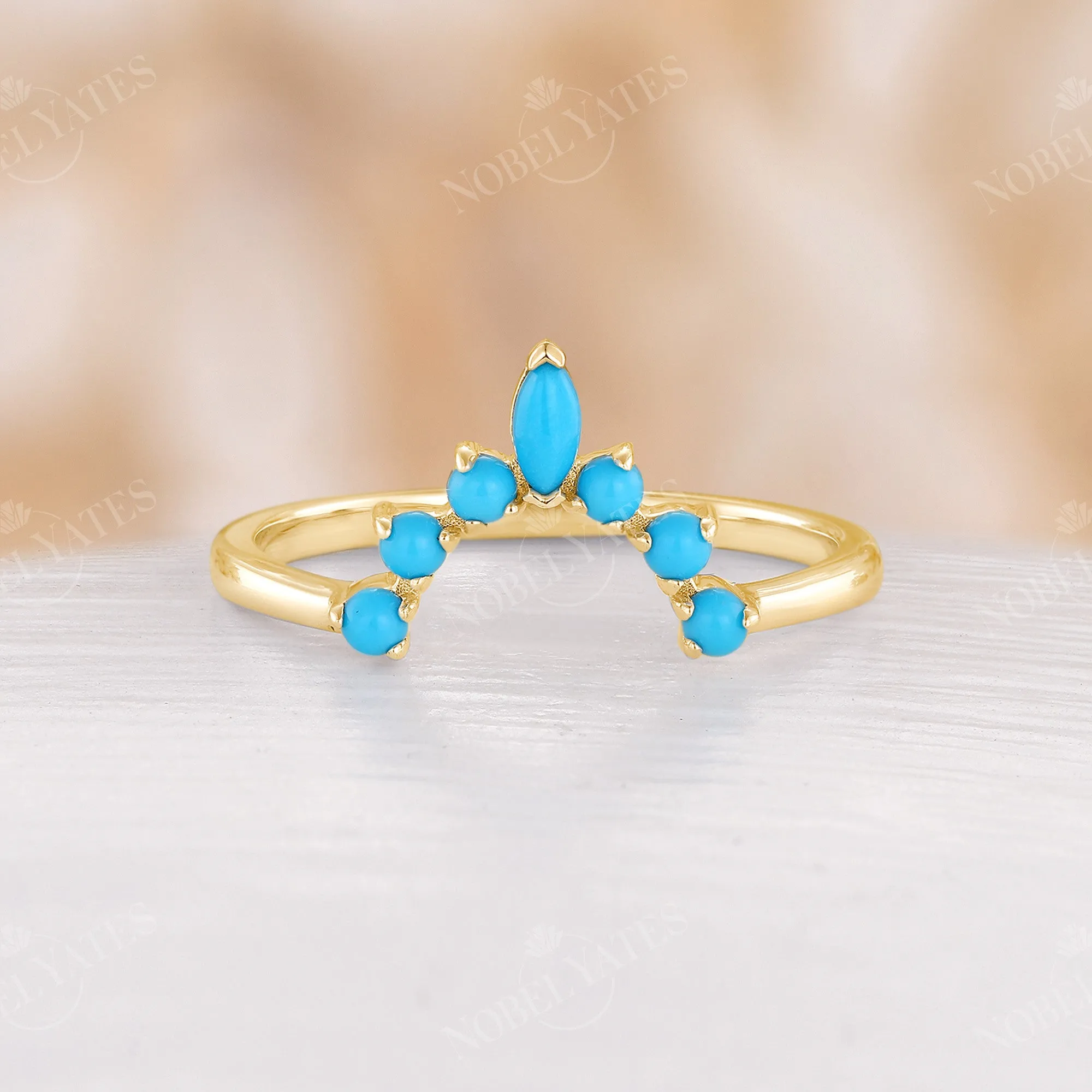 Marquise & Round Blue Turquoise Curved Wedding Band Rose Gold