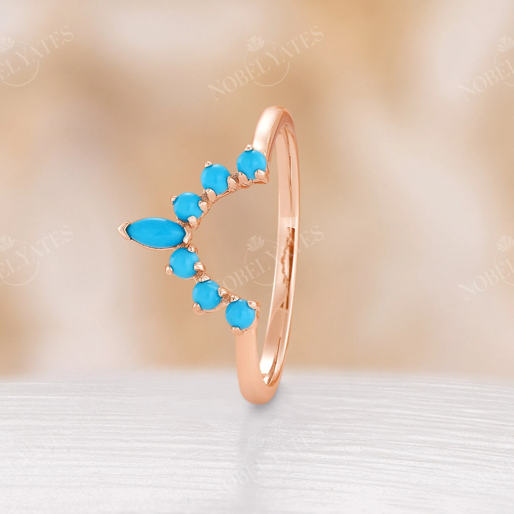 Marquise & Round Blue Turquoise Curved Wedding Band Rose Gold