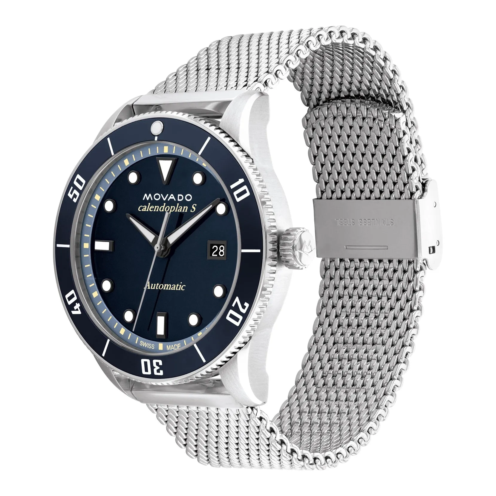 Movado Heritage Series Mens Automatic Stainless Steel Blue Dial Mesh Strap Watch