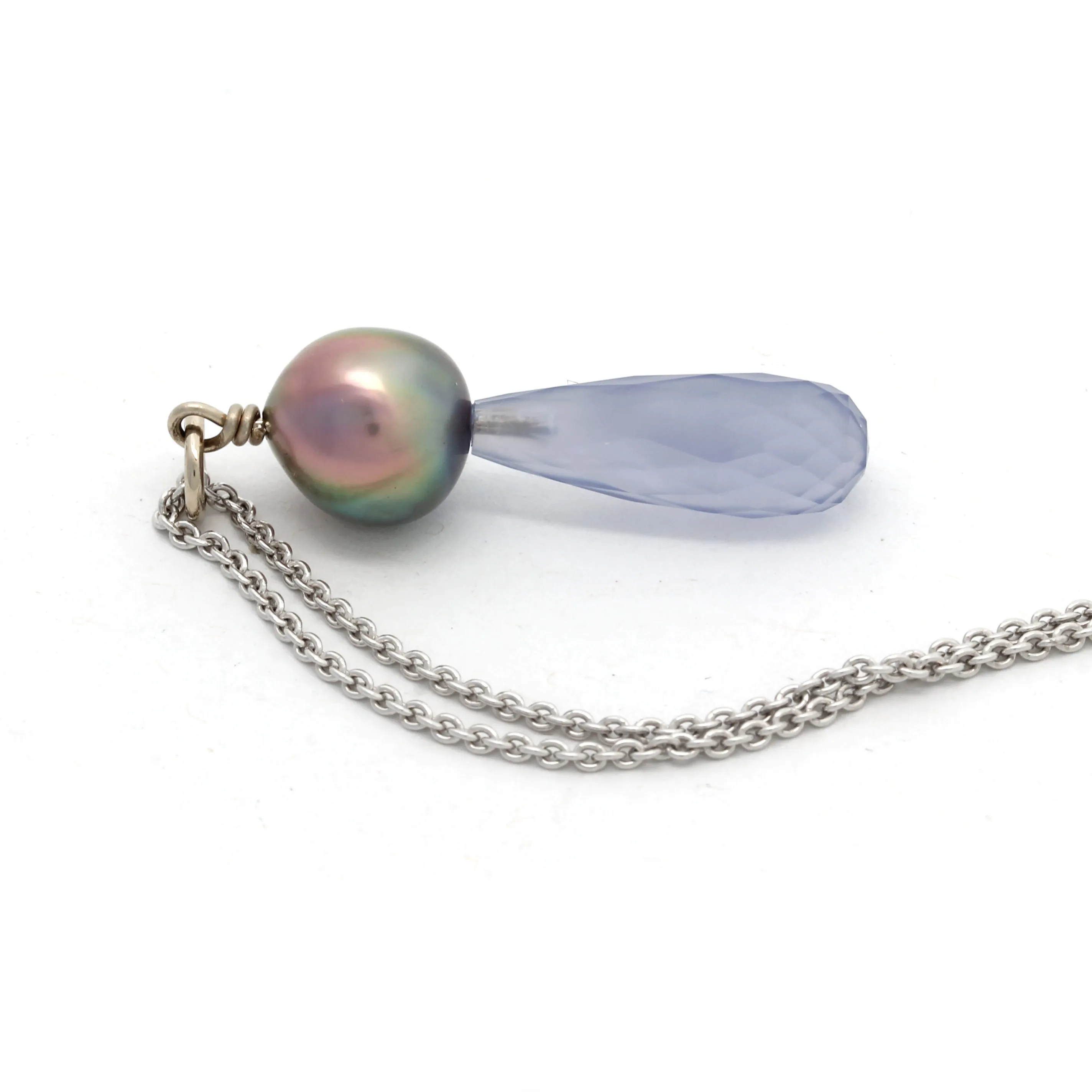 Multicolored Green/Pink Cortez Pearl on White Gold Pendant with a Heavenly-Blue Chalcedony