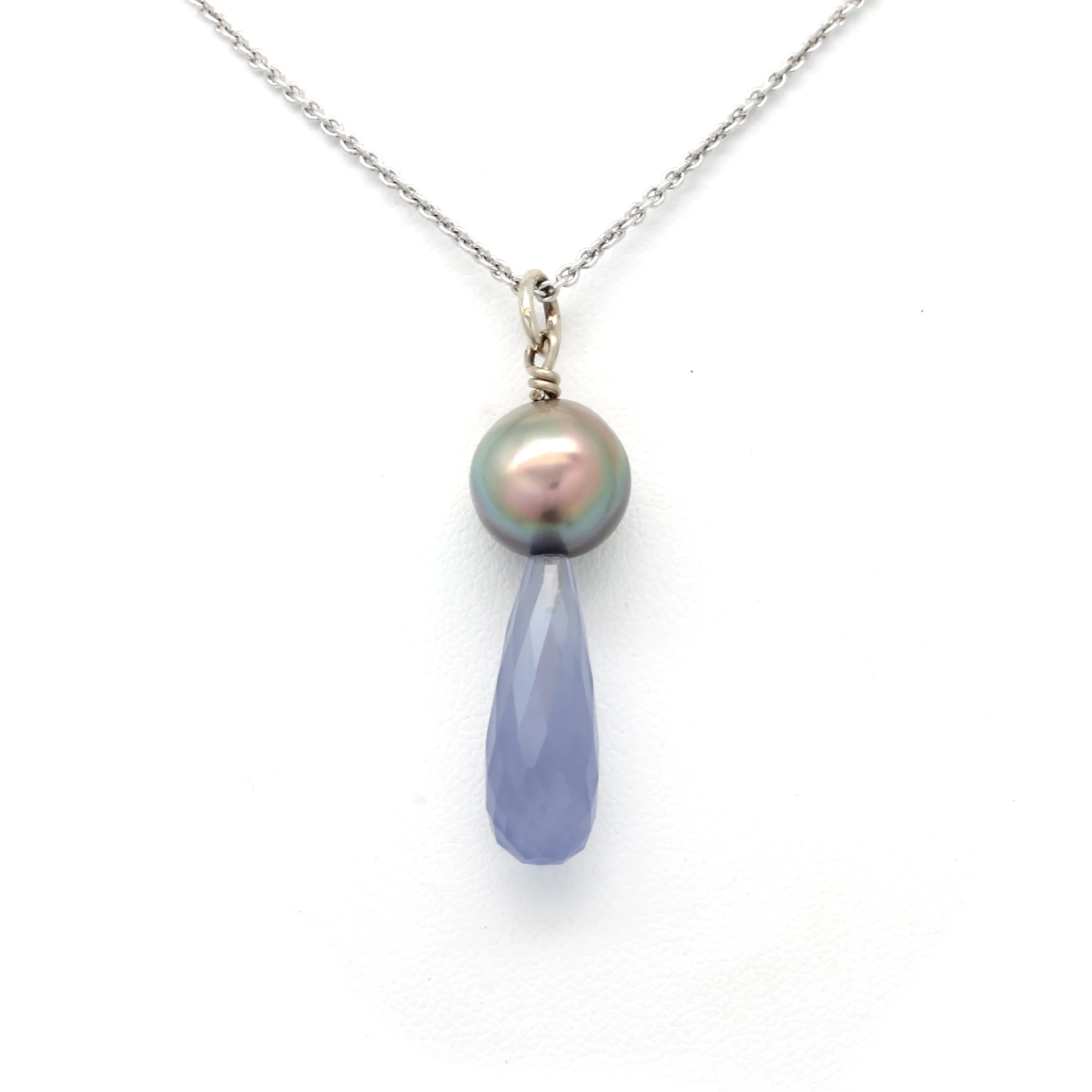 Multicolored Green/Pink Cortez Pearl on White Gold Pendant with a Heavenly-Blue Chalcedony