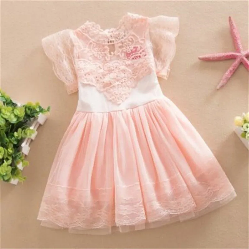 New Baby Cute Kids Clothes Pink/White Flower Girl Dresses Short Sleeve Princess Lace Dress 2-7Y SM6