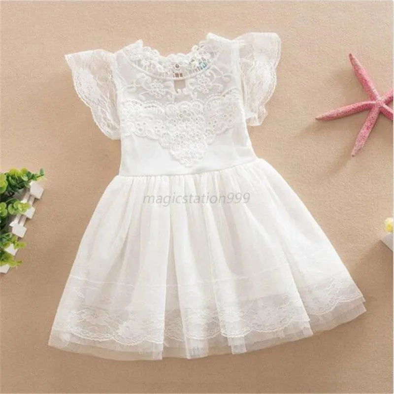 New Baby Cute Kids Clothes Pink/White Flower Girl Dresses Short Sleeve Princess Lace Dress 2-7Y SM6