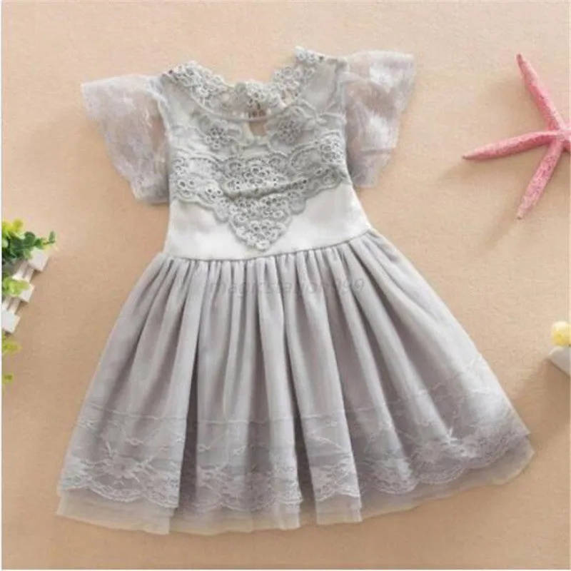 New Baby Cute Kids Clothes Pink/White Flower Girl Dresses Short Sleeve Princess Lace Dress 2-7Y SM6