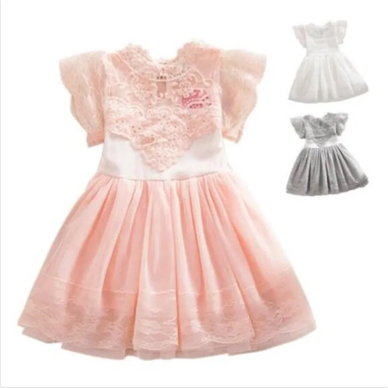 New Baby Cute Kids Clothes Pink/White Flower Girl Dresses Short Sleeve Princess Lace Dress 2-7Y SM6