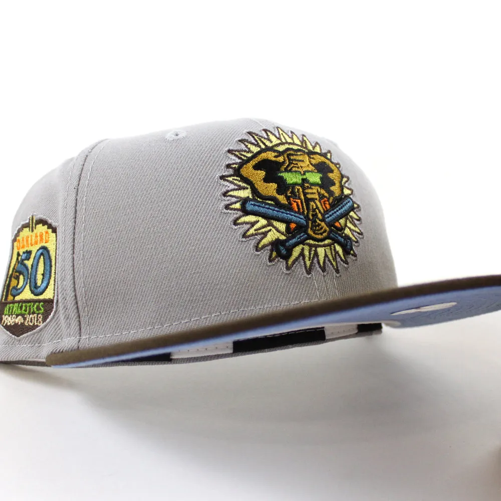 Oakland Athletics 50TH ANNIVERSARY New Era 59Fifty Fitted Hat (GRAY WALNUT STEEL BLUE Under Brim)