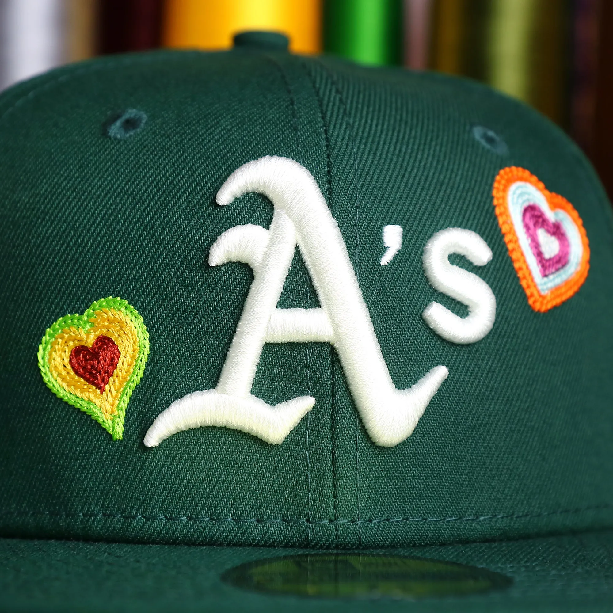 Oakland Athletics All Over Embroidered Chain Stitch Heart Pink Bottom 59Fifty Fitted Cap | Green 59Fifty Cap