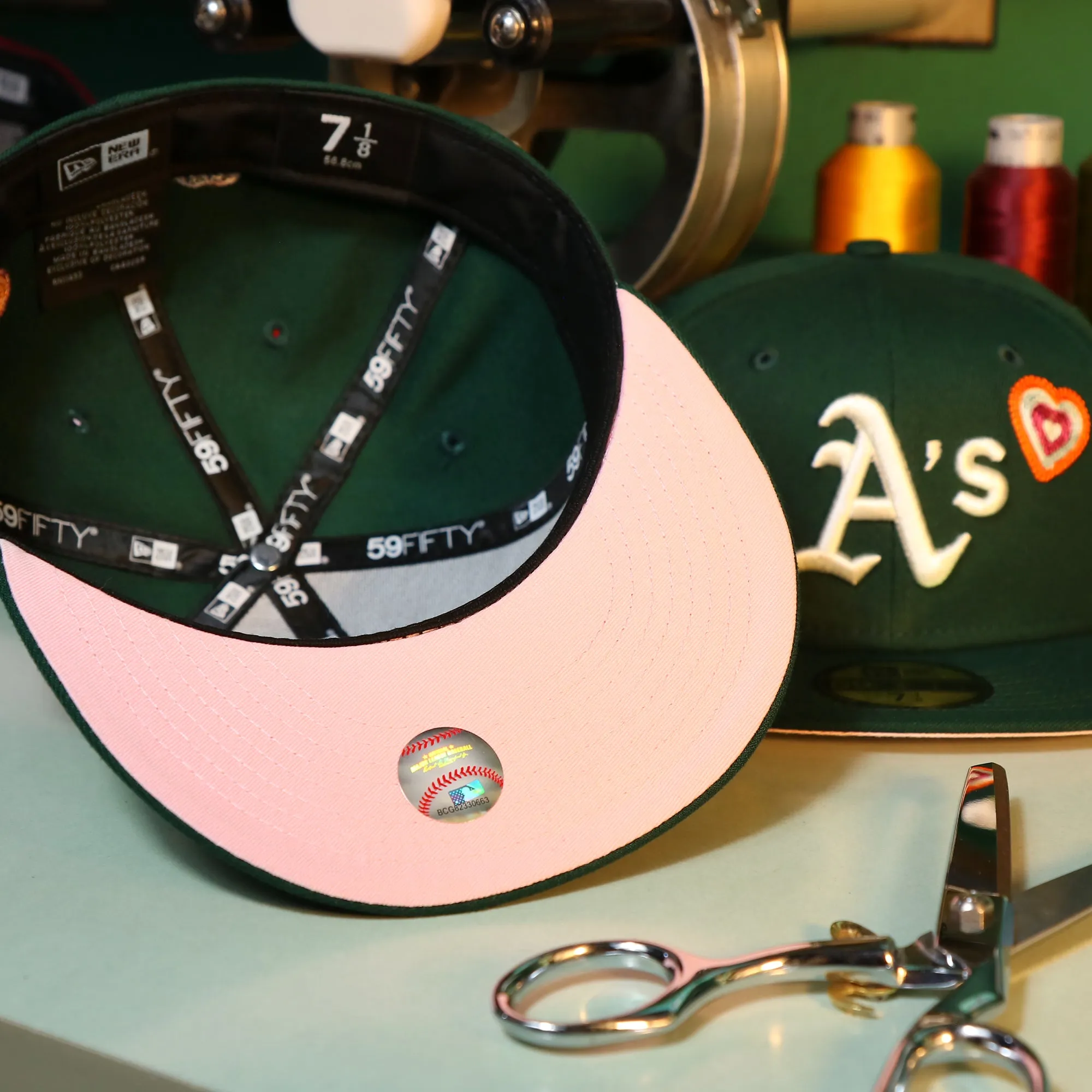 Oakland Athletics All Over Embroidered Chain Stitch Heart Pink Bottom 59Fifty Fitted Cap | Green 59Fifty Cap