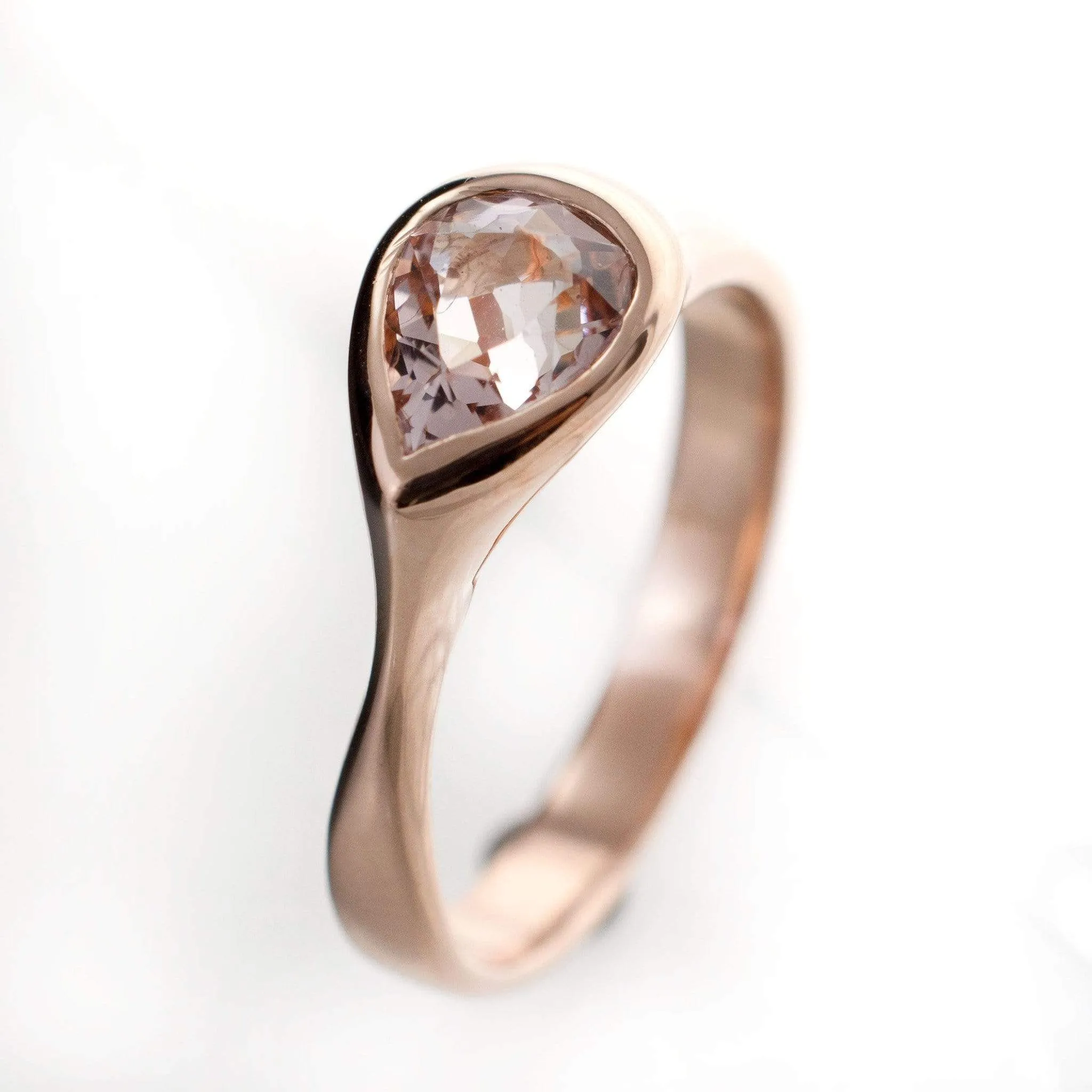 Pear Pink Morganite Sideways Tear Drop Bezel Solitaire Engagement Ring