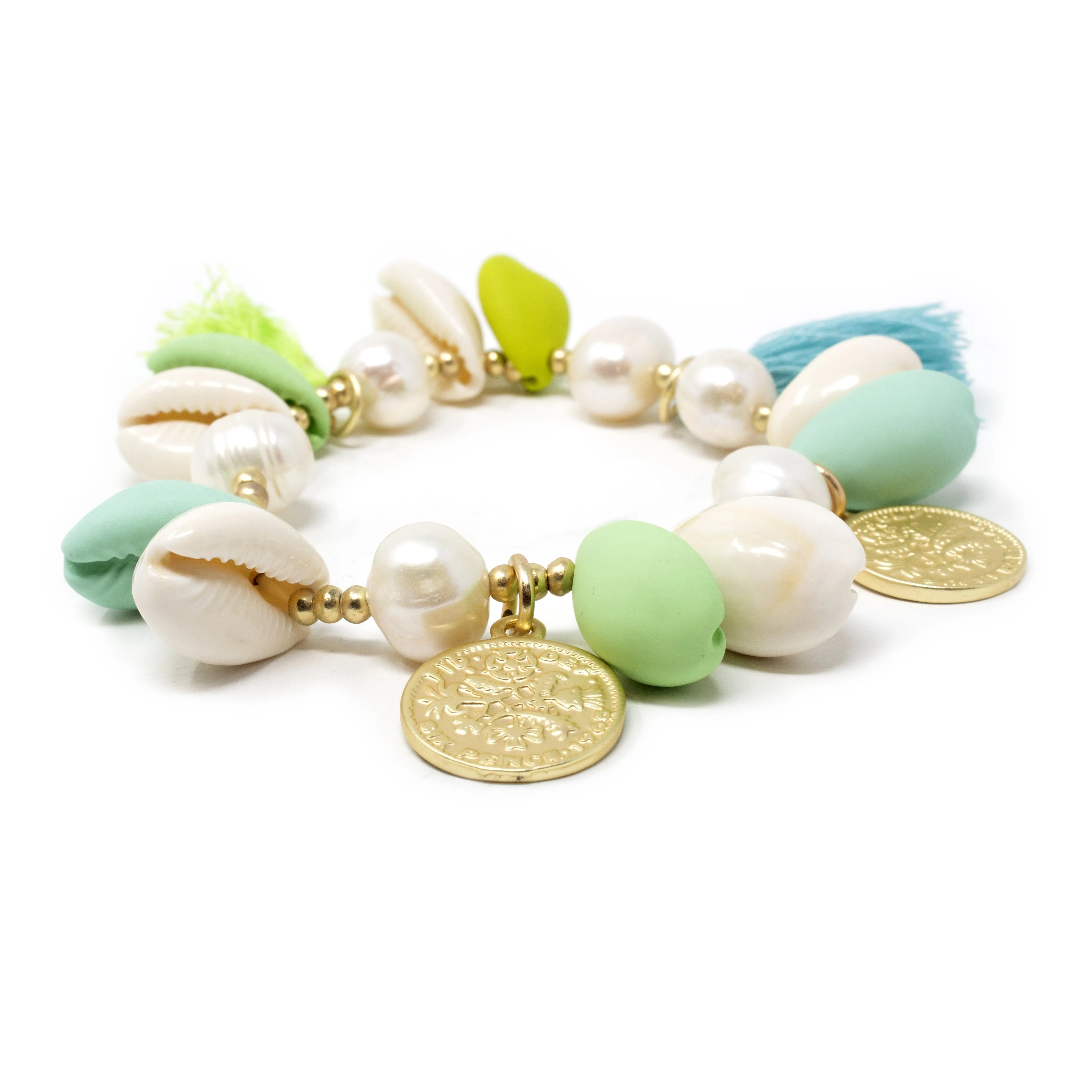 Pearl Stretch Bracelet W Sea Shell and Coin Charm Mint