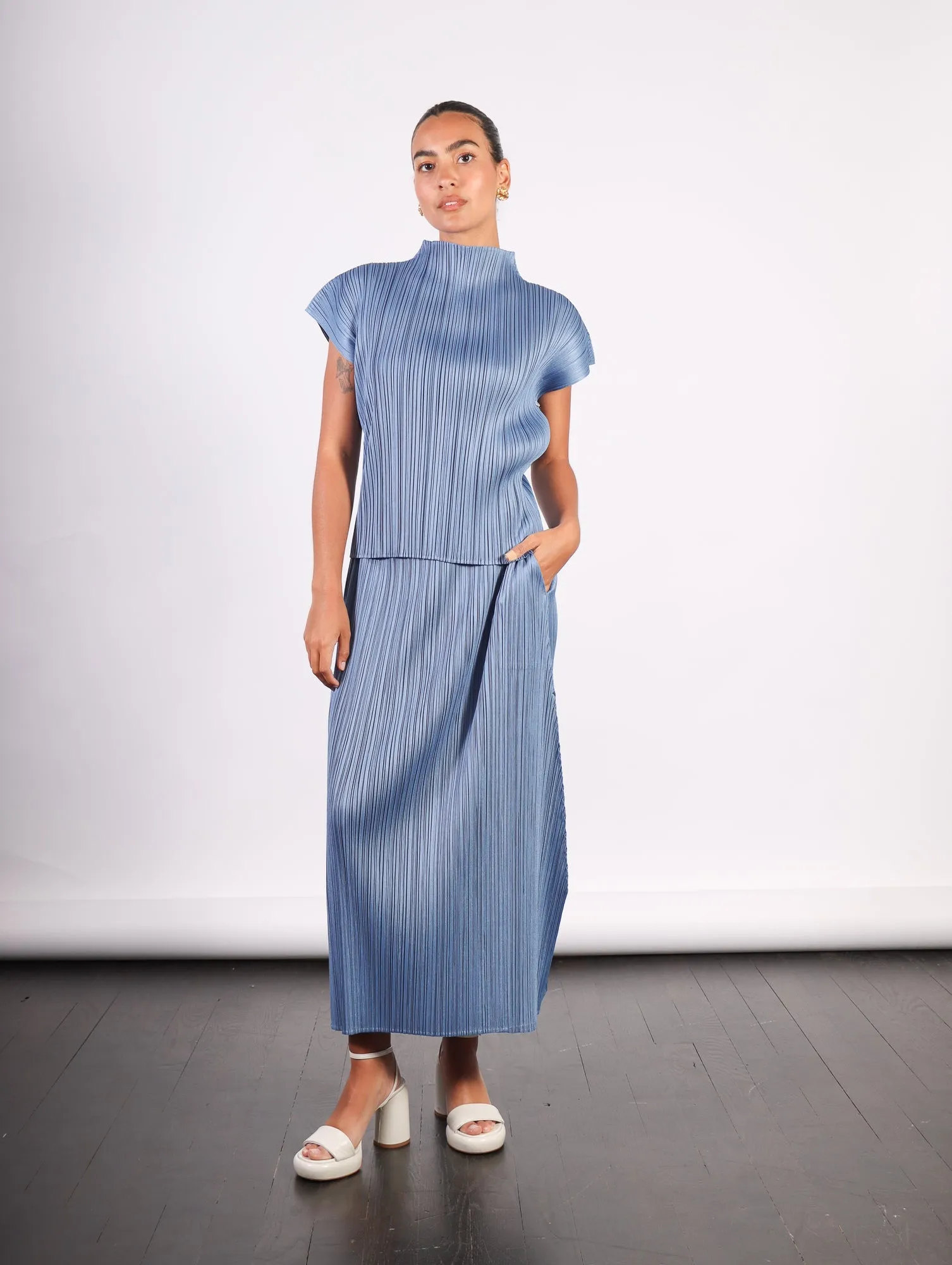 Pleats Please Issey Miyake Monthly Colors June Skirt in Steel Blue by Pleats Please Issey Miyake