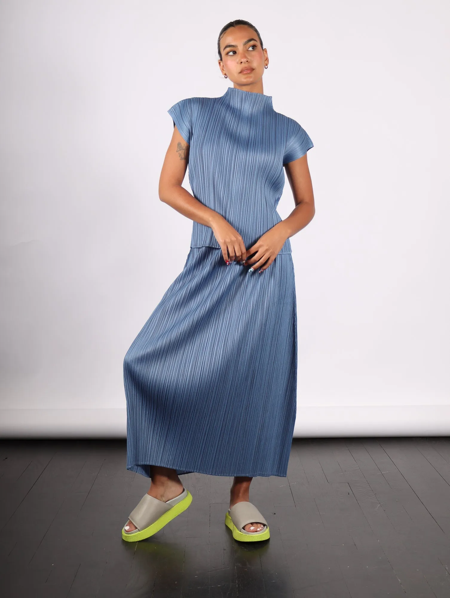 Pleats Please Issey Miyake Monthly Colors June Skirt in Steel Blue by Pleats Please Issey Miyake