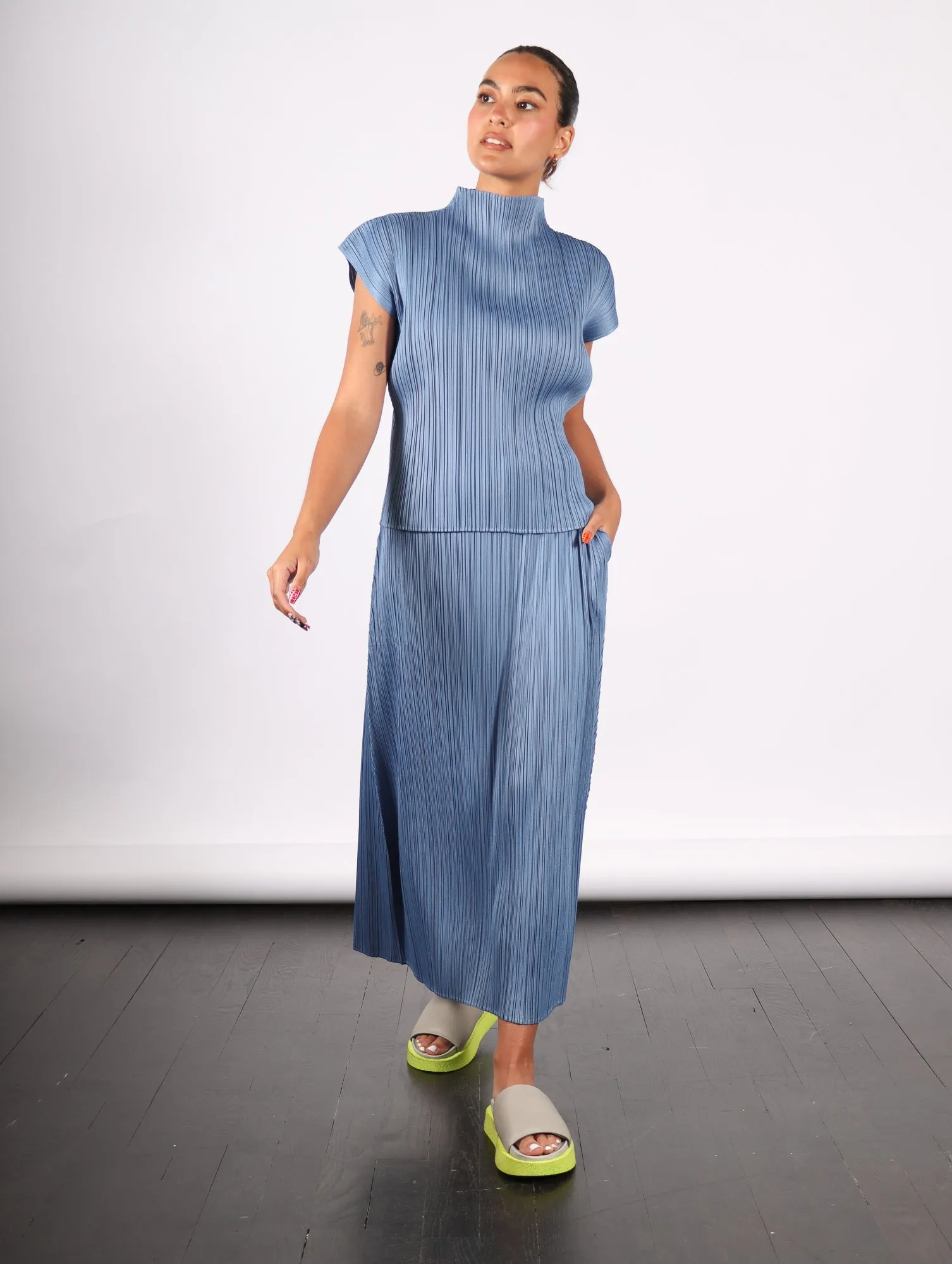 Pleats Please Issey Miyake Monthly Colors June Skirt in Steel Blue by Pleats Please Issey Miyake