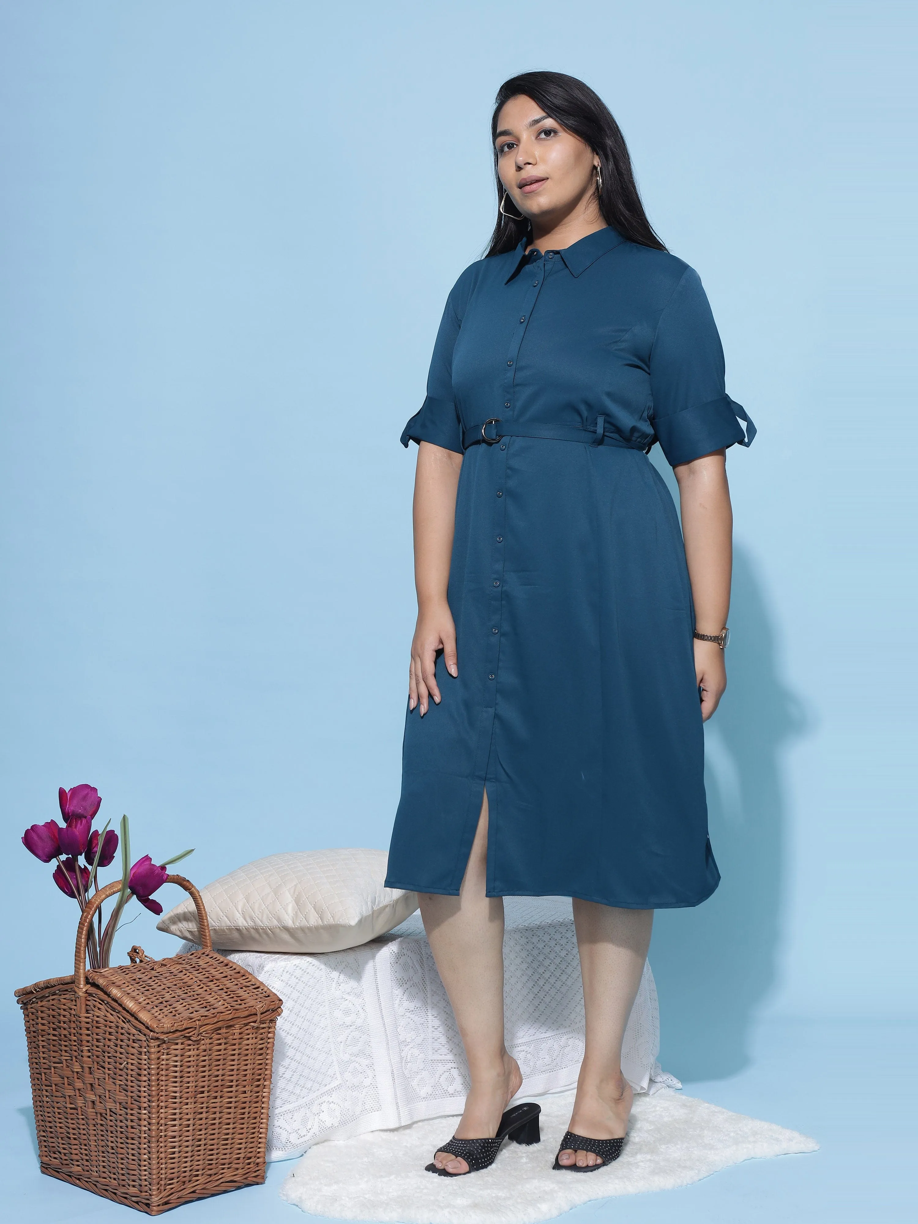 Polyester Collared Neck Dress Steel Blue