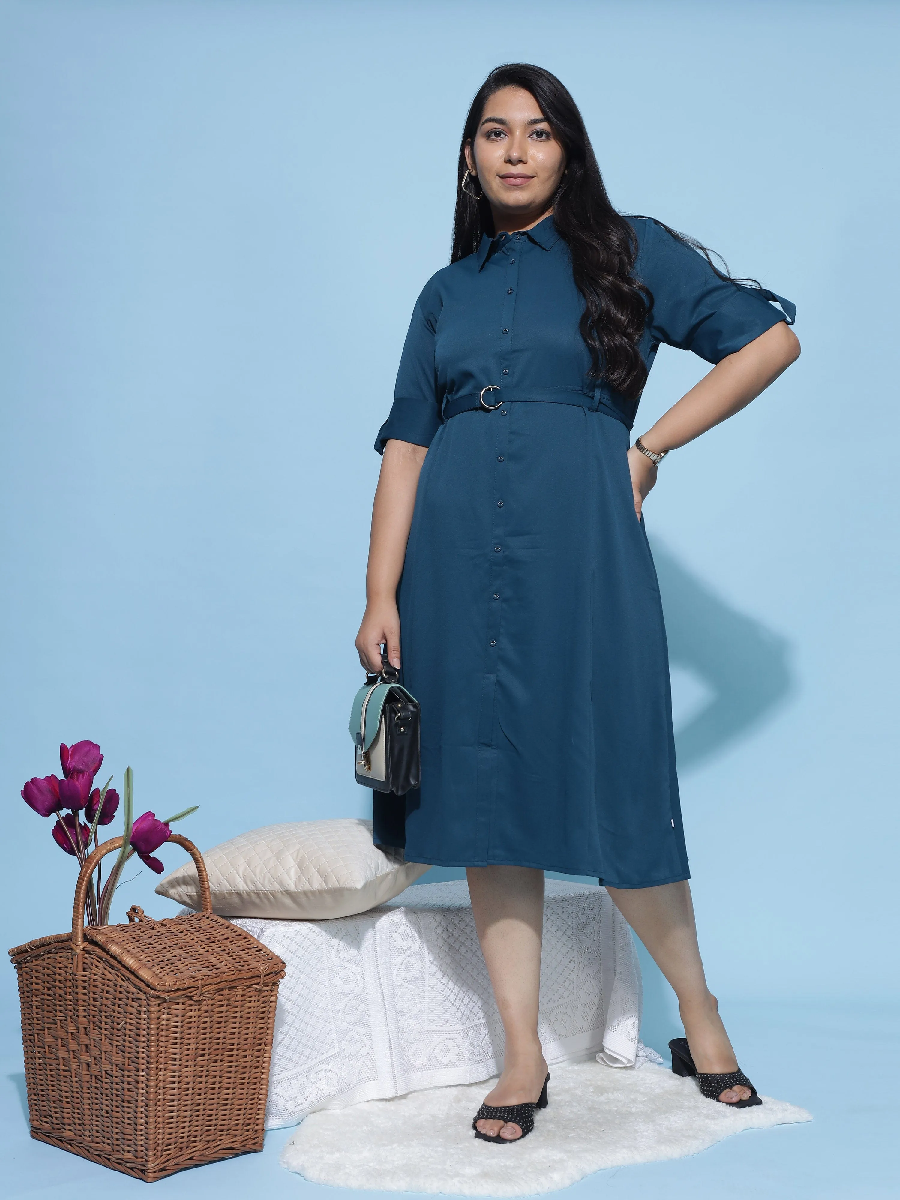 Polyester Collared Neck Dress Steel Blue