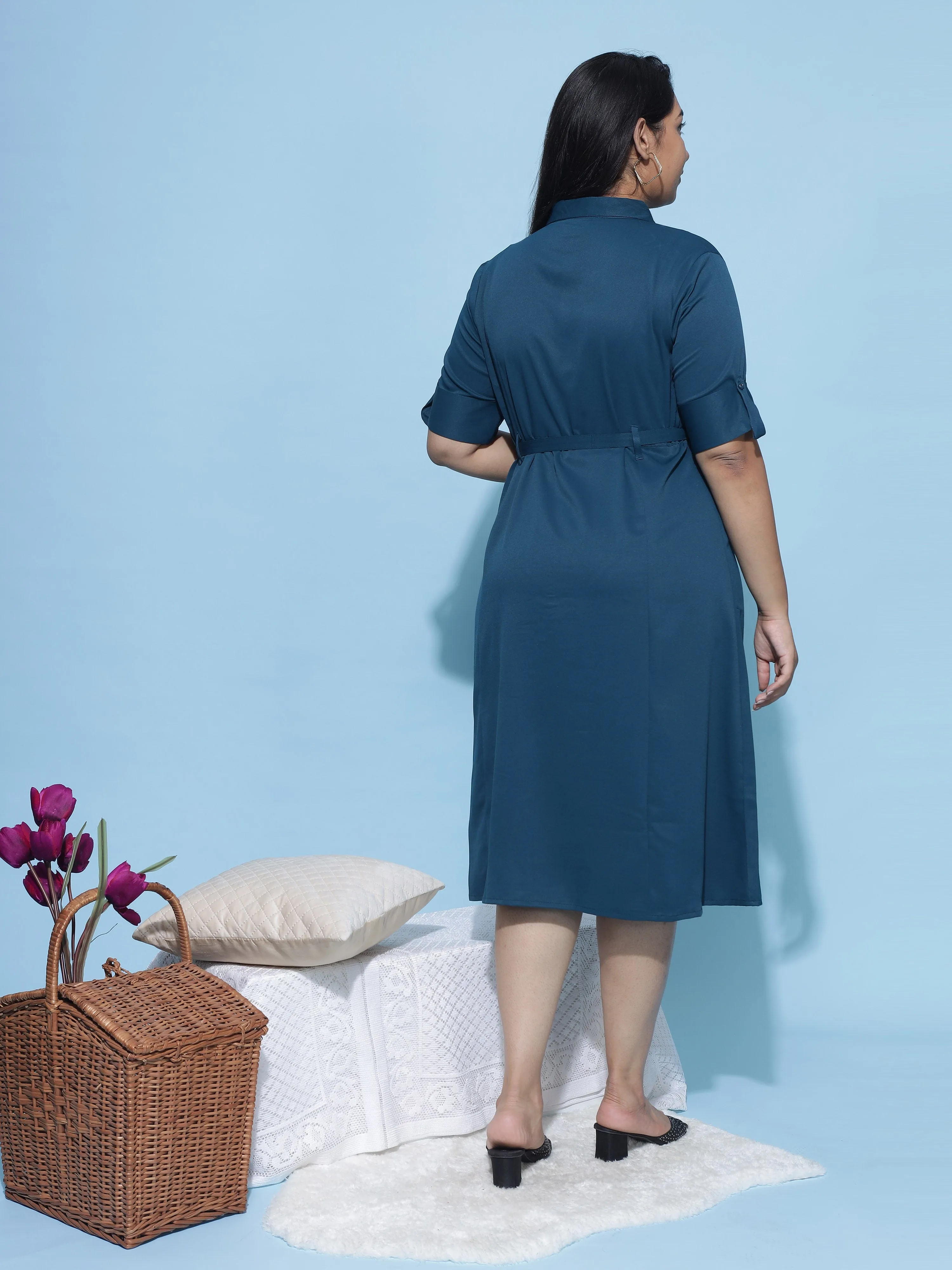 Polyester Collared Neck Dress Steel Blue