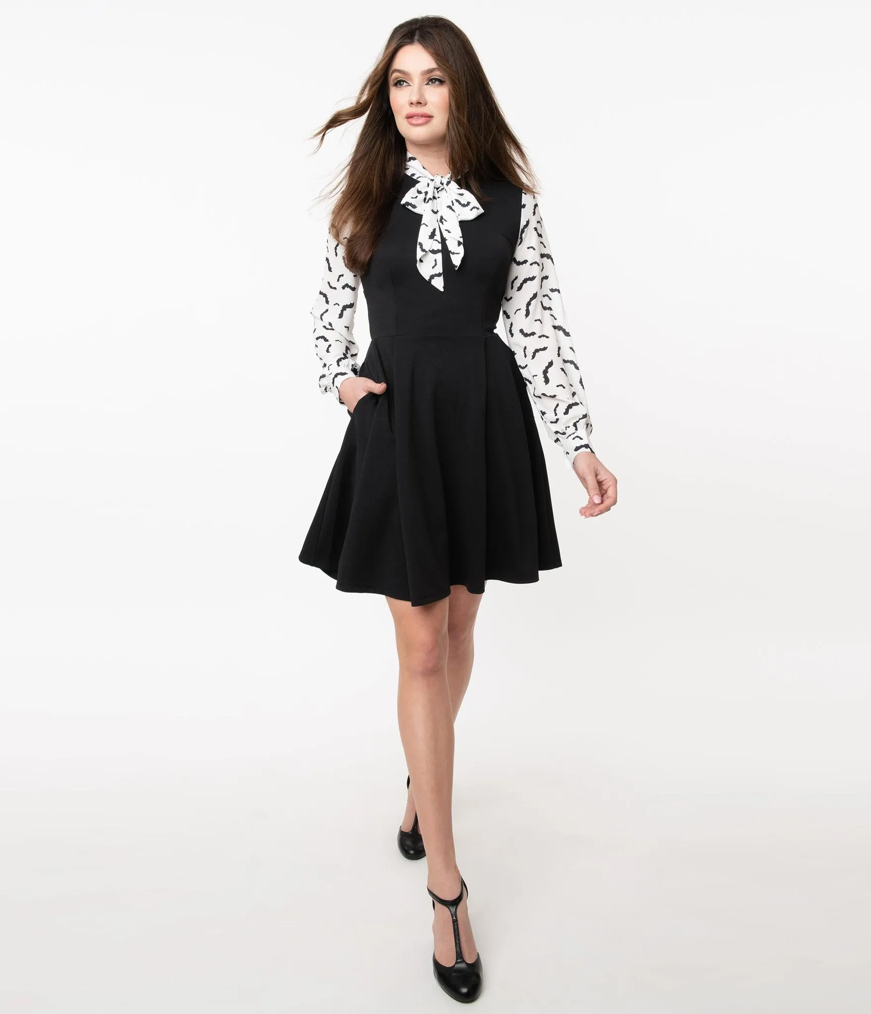 Smak Parlour Black & Bat Print She.E.O. Fit & Flare Dress