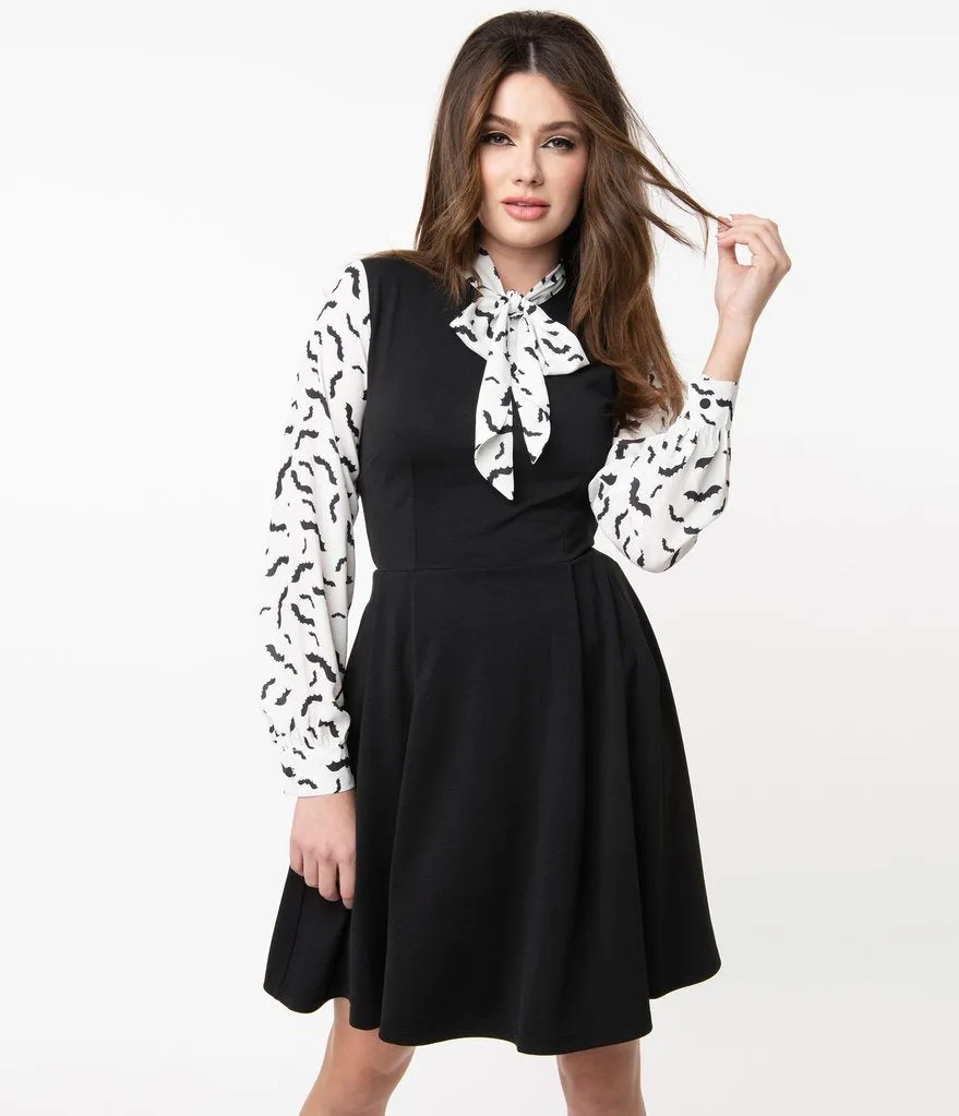 Smak Parlour Black & Bat Print She.E.O. Fit & Flare Dress