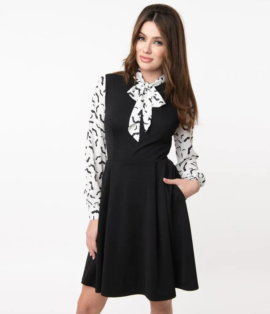 Smak Parlour Black & Bat Print She.E.O. Fit & Flare Dress