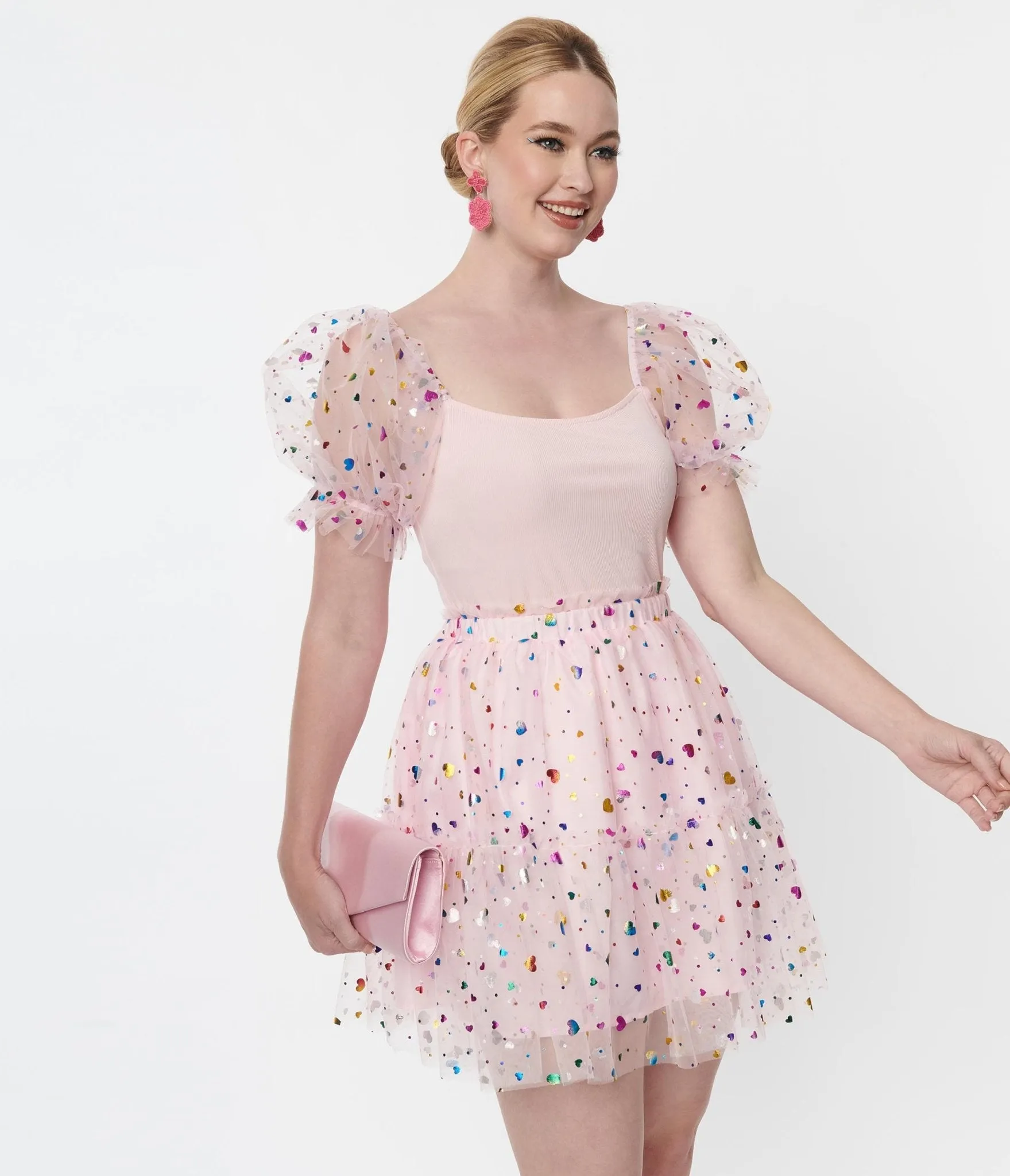 Smak Parlour Pink Confetti Heart Tulle Mini Skirt