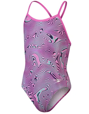 Speedo Girls Allover Digital V Back Swimsuit- Pink/Green