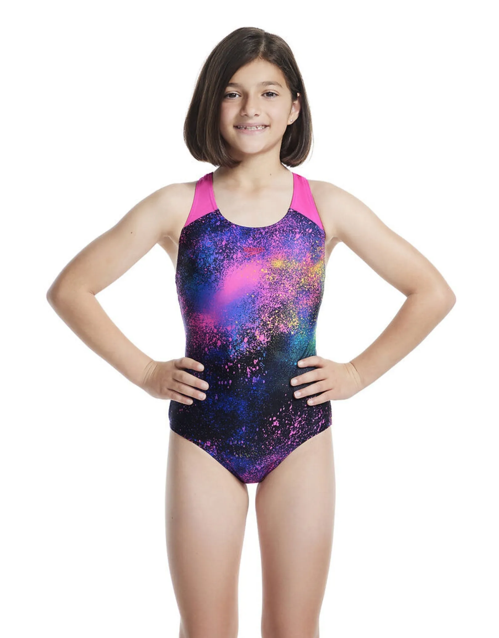 Speedo Girls Digital Allover Splashback Swimsuit - Black/Pink