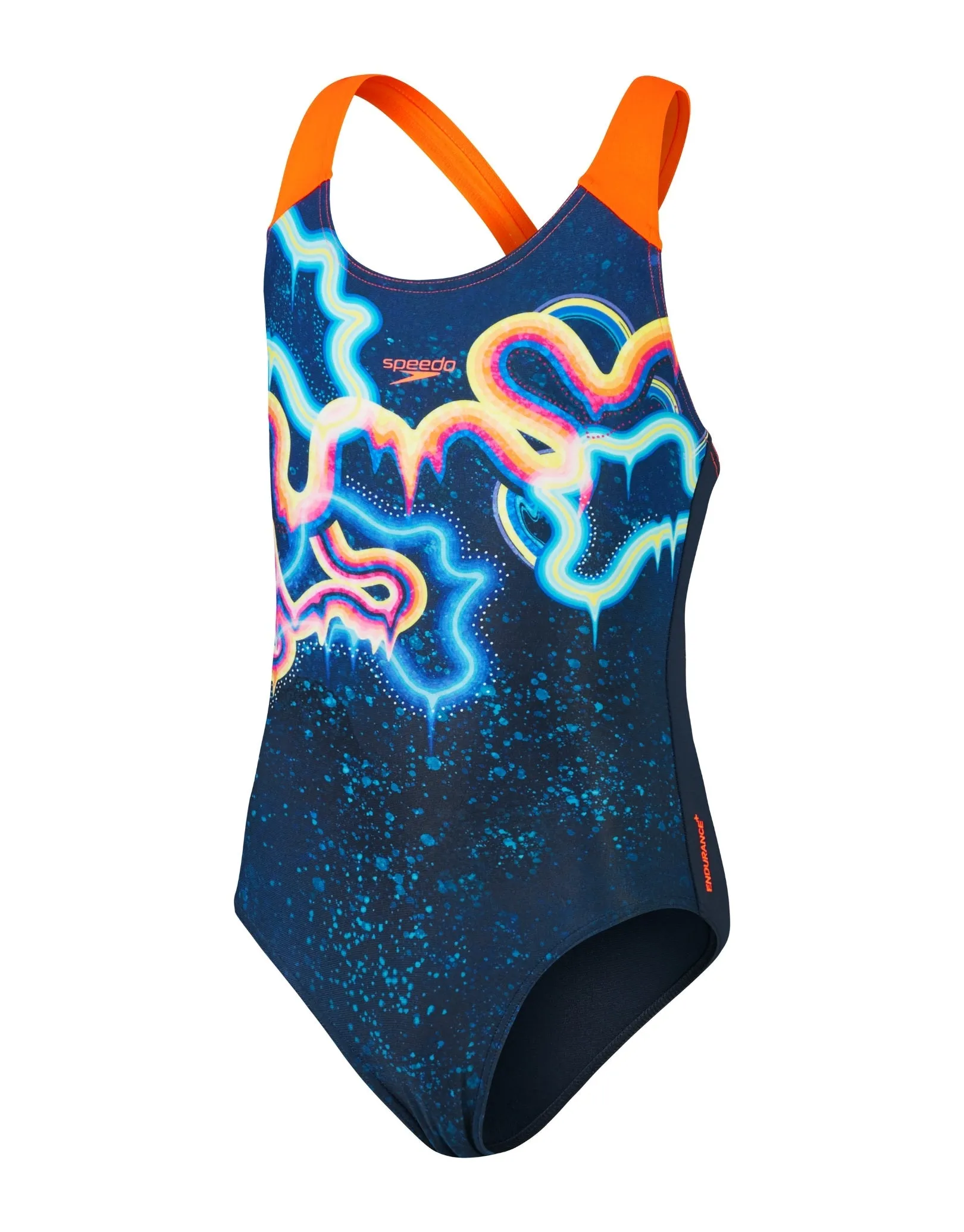 Speedo Girls Digital Placement Splashback Swimsuit - Navy/Orange