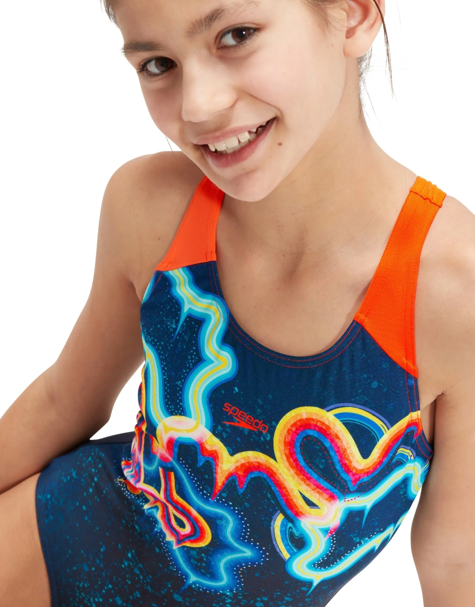 Speedo Girls Digital Placement Splashback Swimsuit - Navy/Orange