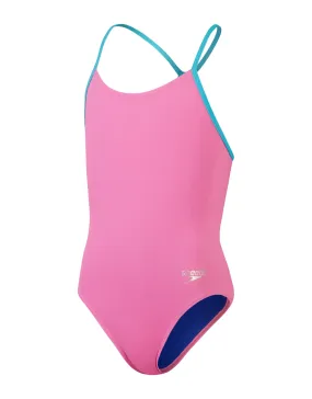 Speedo Girls Solid Lane Line back Allover Swimsuit - Pink/Blue