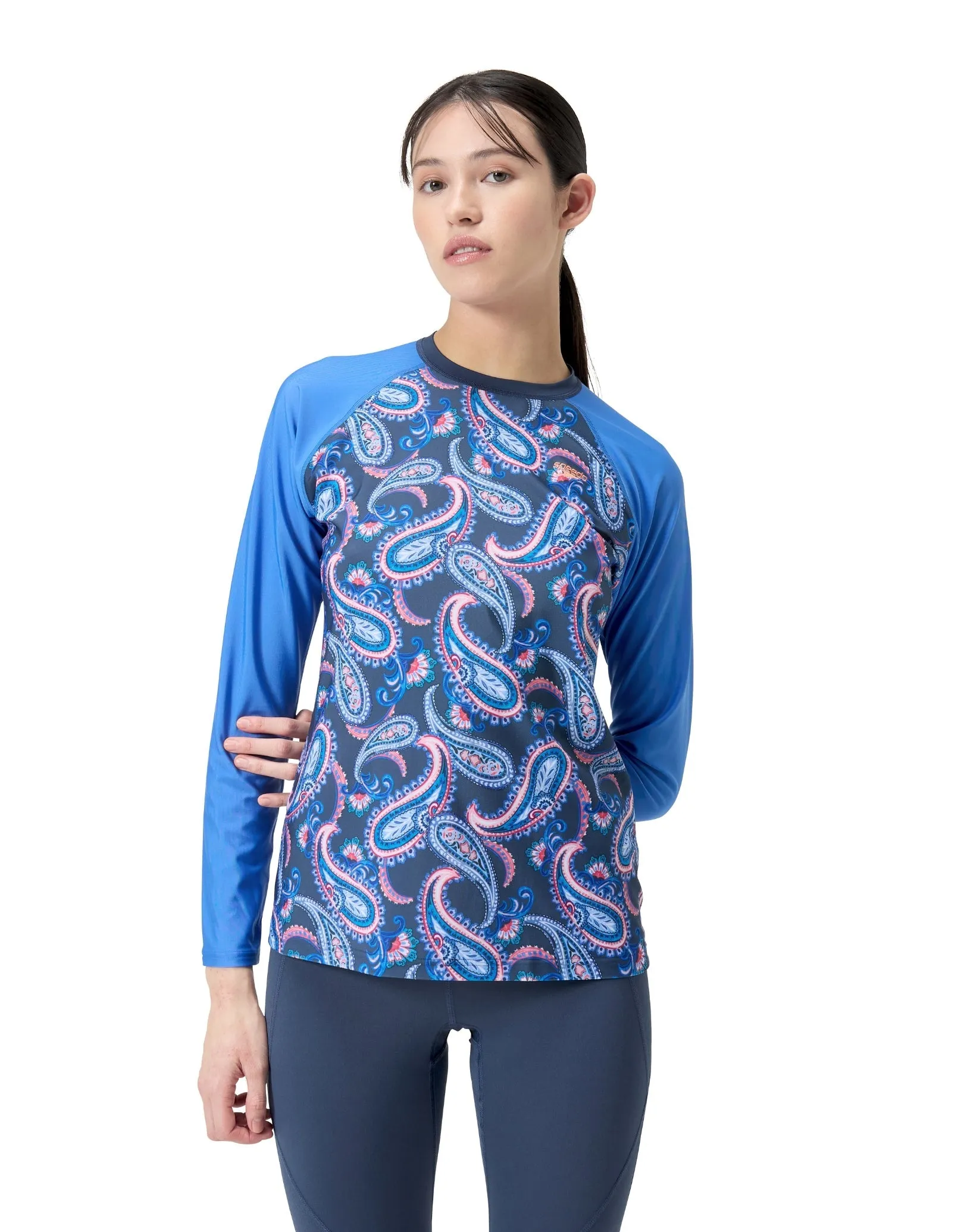 Speedo Long Sleeve Panel Printed Swim Tee - Blue/Pink