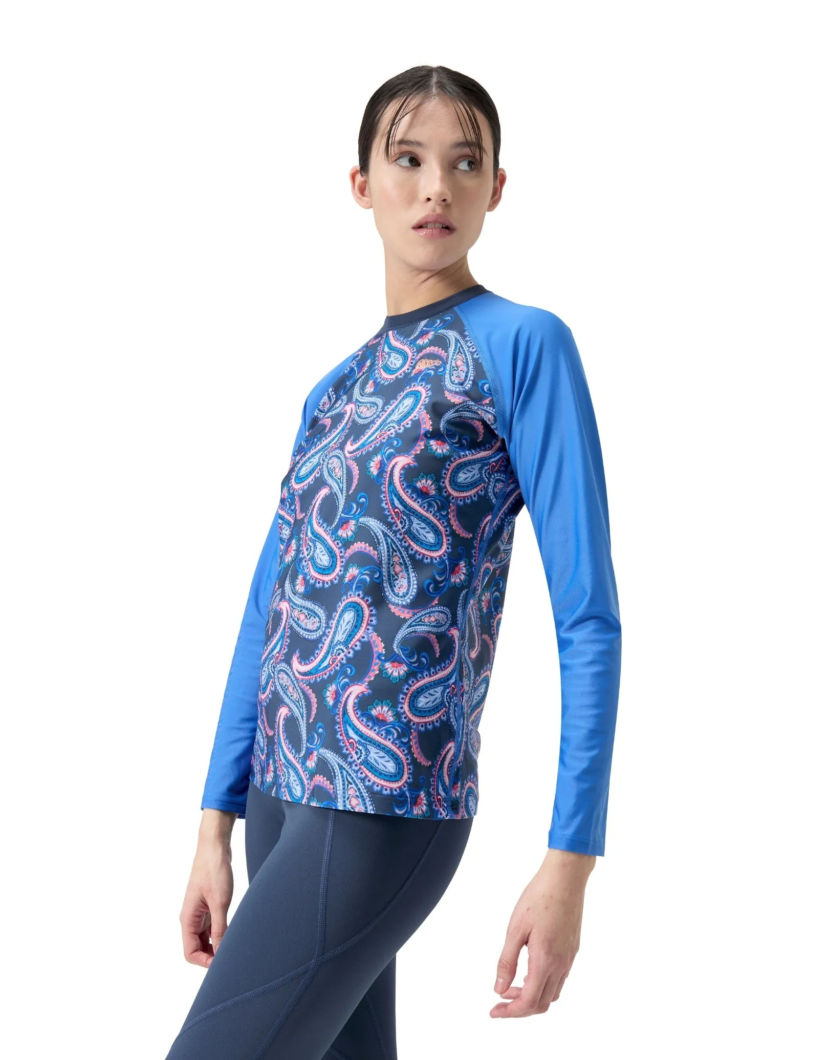 Speedo Long Sleeve Panel Printed Swim Tee - Blue/Pink