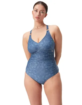 Speedo Shaping Printed V Neck Swimsuit - Washed Blue