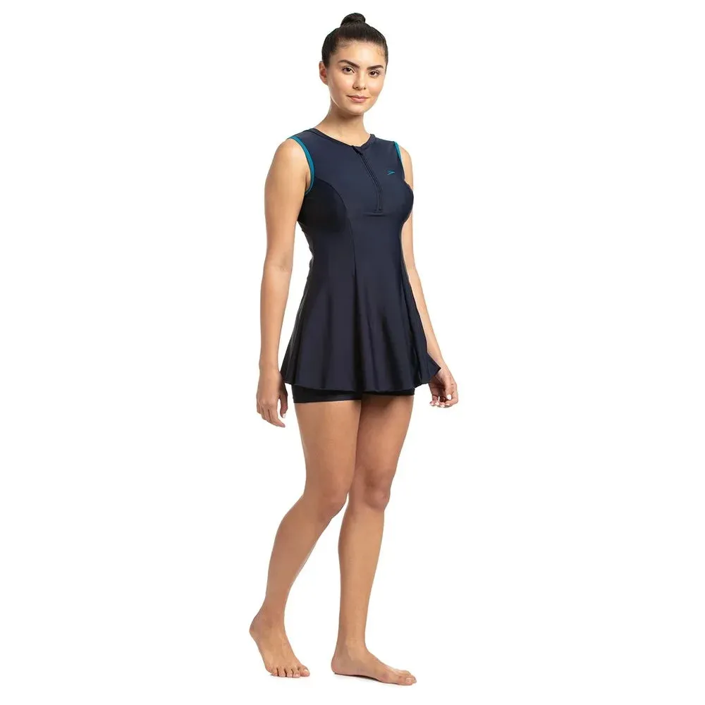 Speedo Women's Closedback Swimdress With Boyleg (True Navy/Nordic Teal)