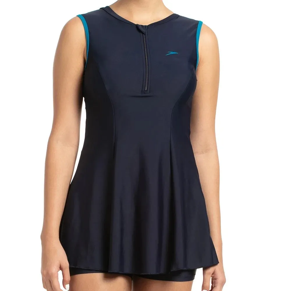 Speedo Women's Closedback Swimdress With Boyleg (True Navy/Nordic Teal)