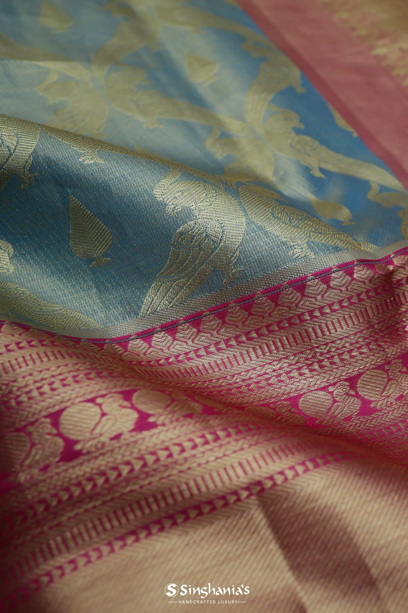 Steel Blue Dual Tone Kanjivaram Saree Peacock Weave