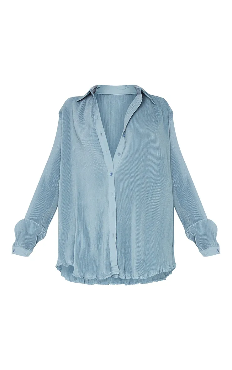 Steel Blue Plisse Button Front Oversized Shirt