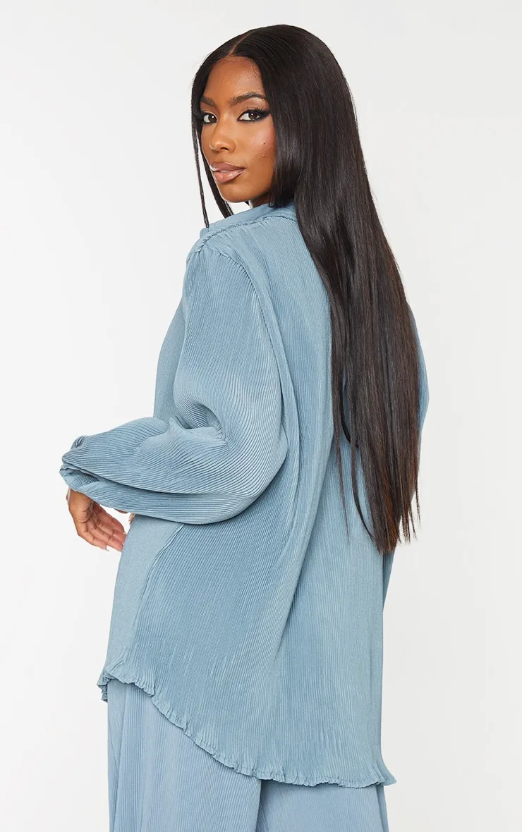 Steel Blue Plisse Button Front Oversized Shirt