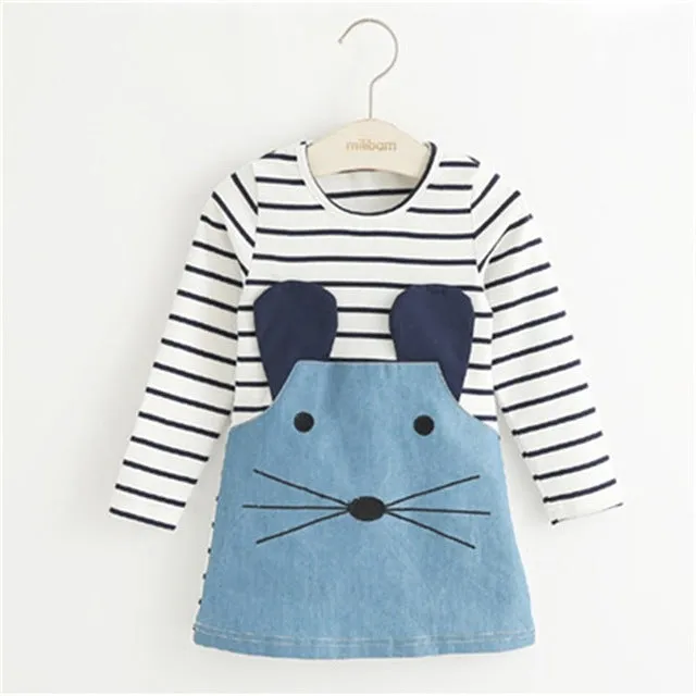 TANGUOANT Striped Patchwork Character Girl Dresses Long Sleeve Cute Mouse Children Clothing Kids Girls Dress Denim Kids Clothes