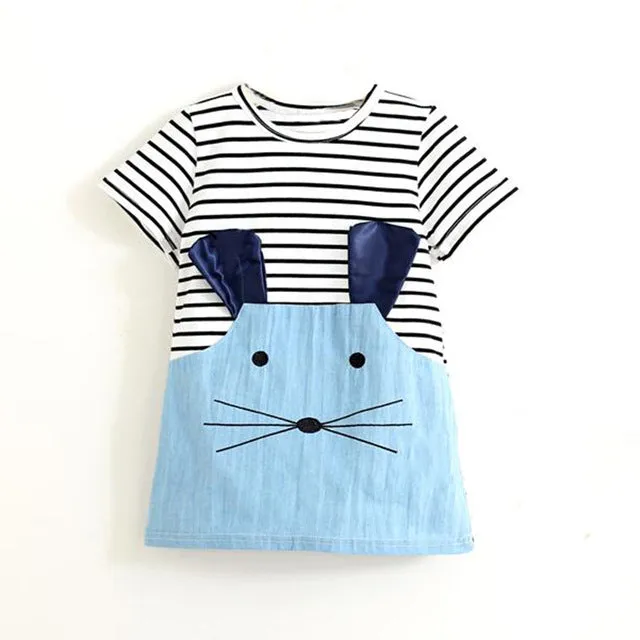 TANGUOANT Striped Patchwork Character Girl Dresses Long Sleeve Cute Mouse Children Clothing Kids Girls Dress Denim Kids Clothes