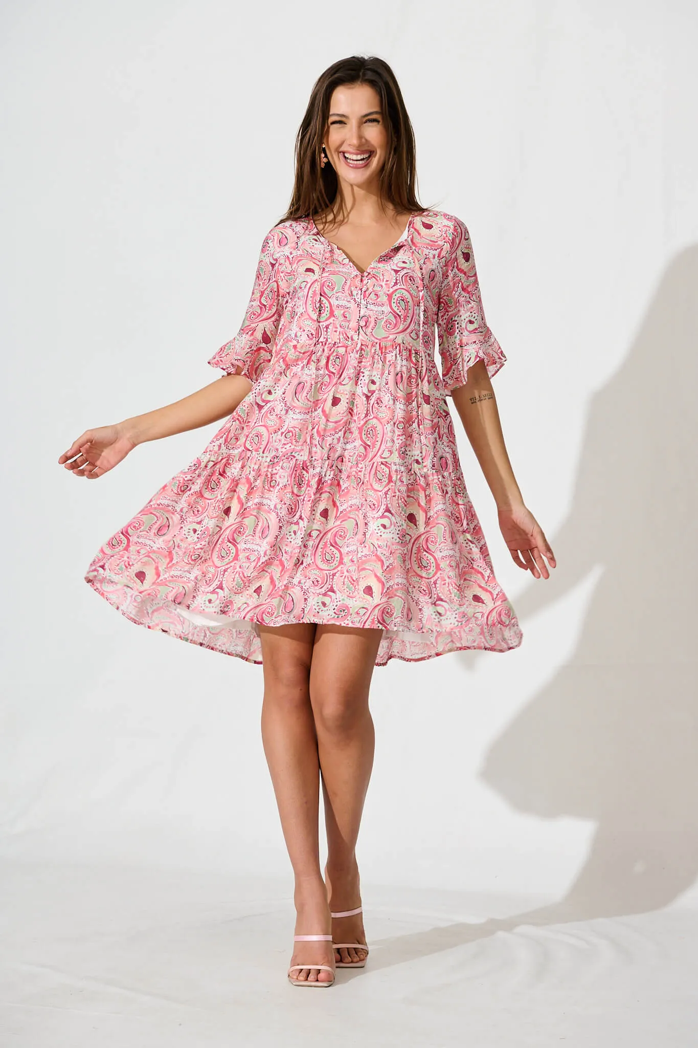 Torance Smock Dress In Pink With Multi Paisley