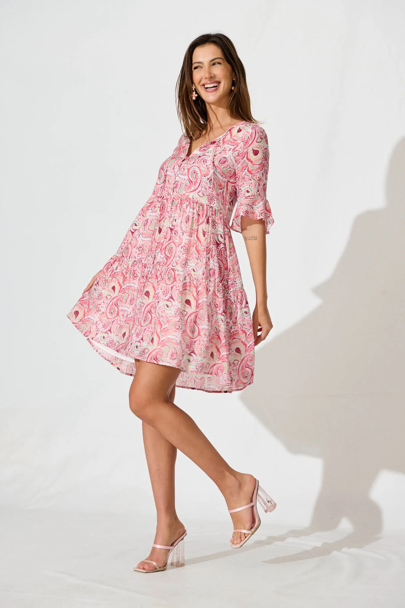 Torance Smock Dress In Pink With Multi Paisley