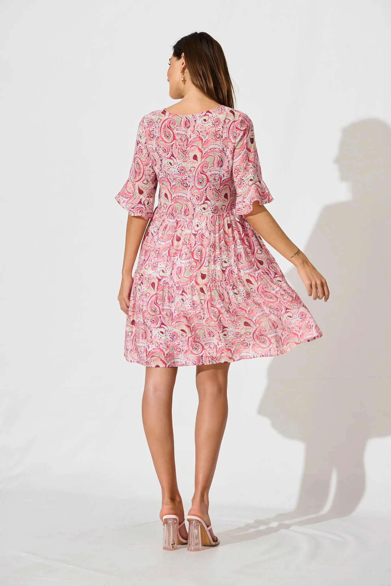 Torance Smock Dress In Pink With Multi Paisley