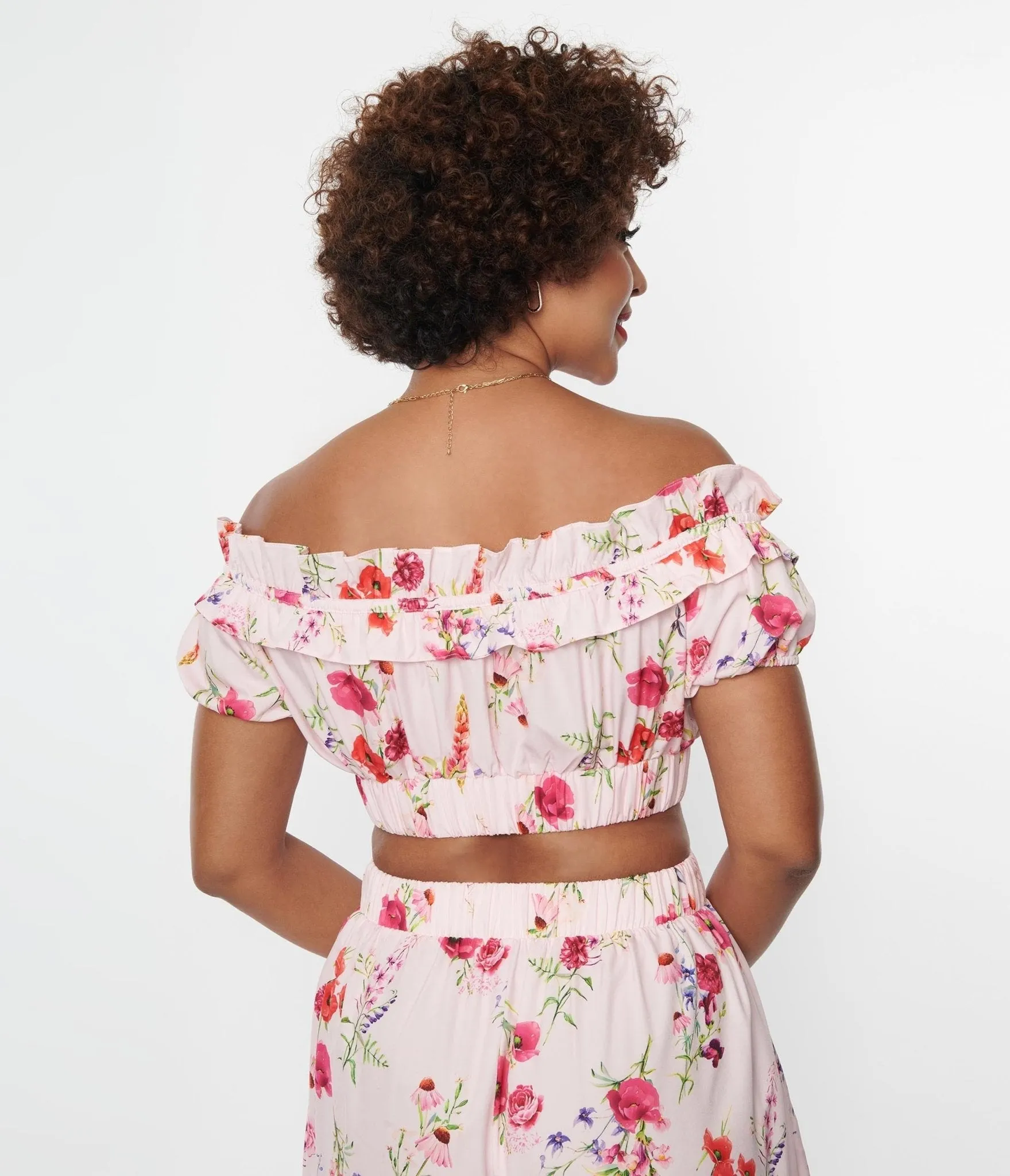 Unique Vintage 1970s Light Pink Floral Ruffle Up Crop Top