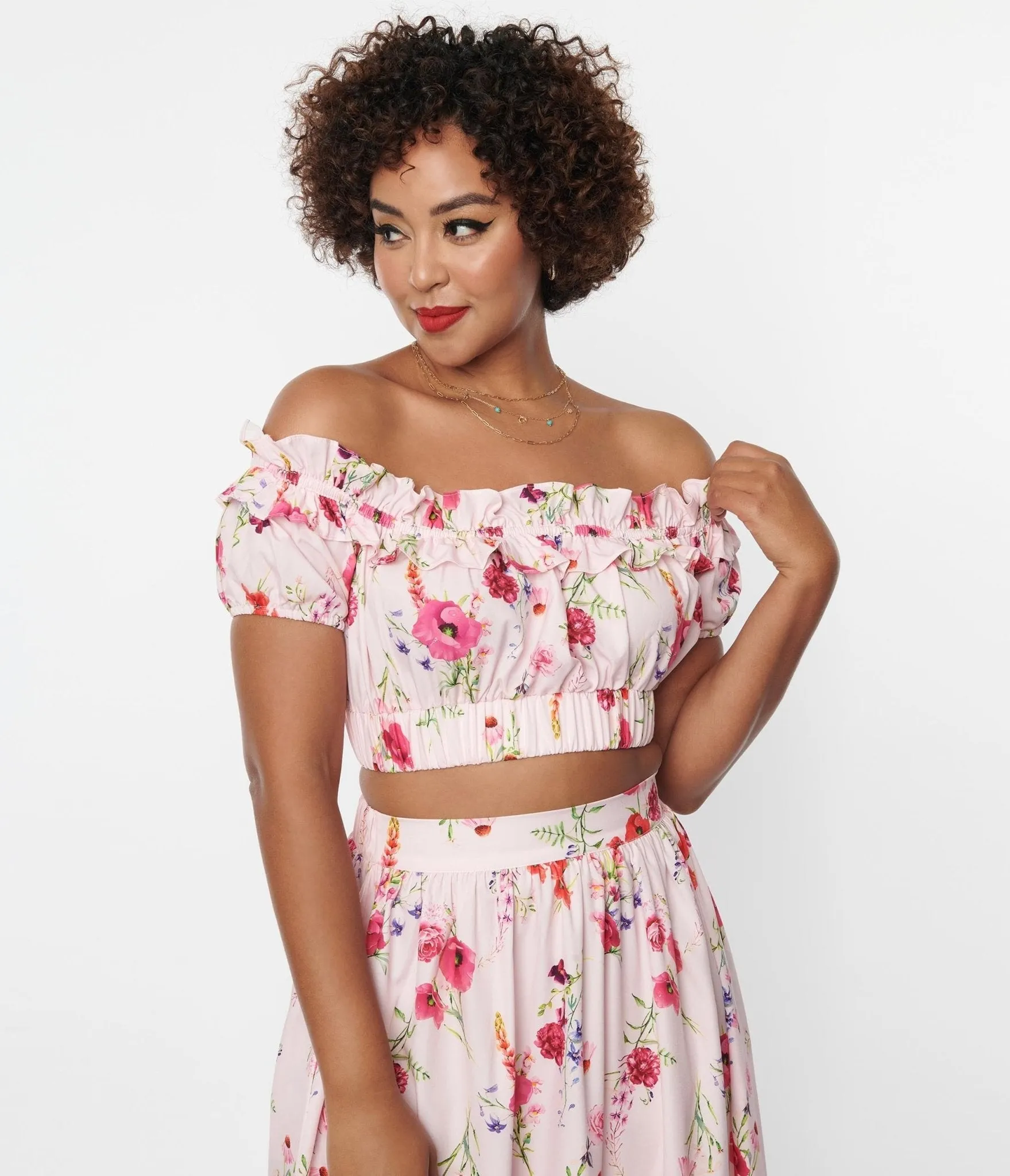 Unique Vintage 1970s Light Pink Floral Ruffle Up Crop Top