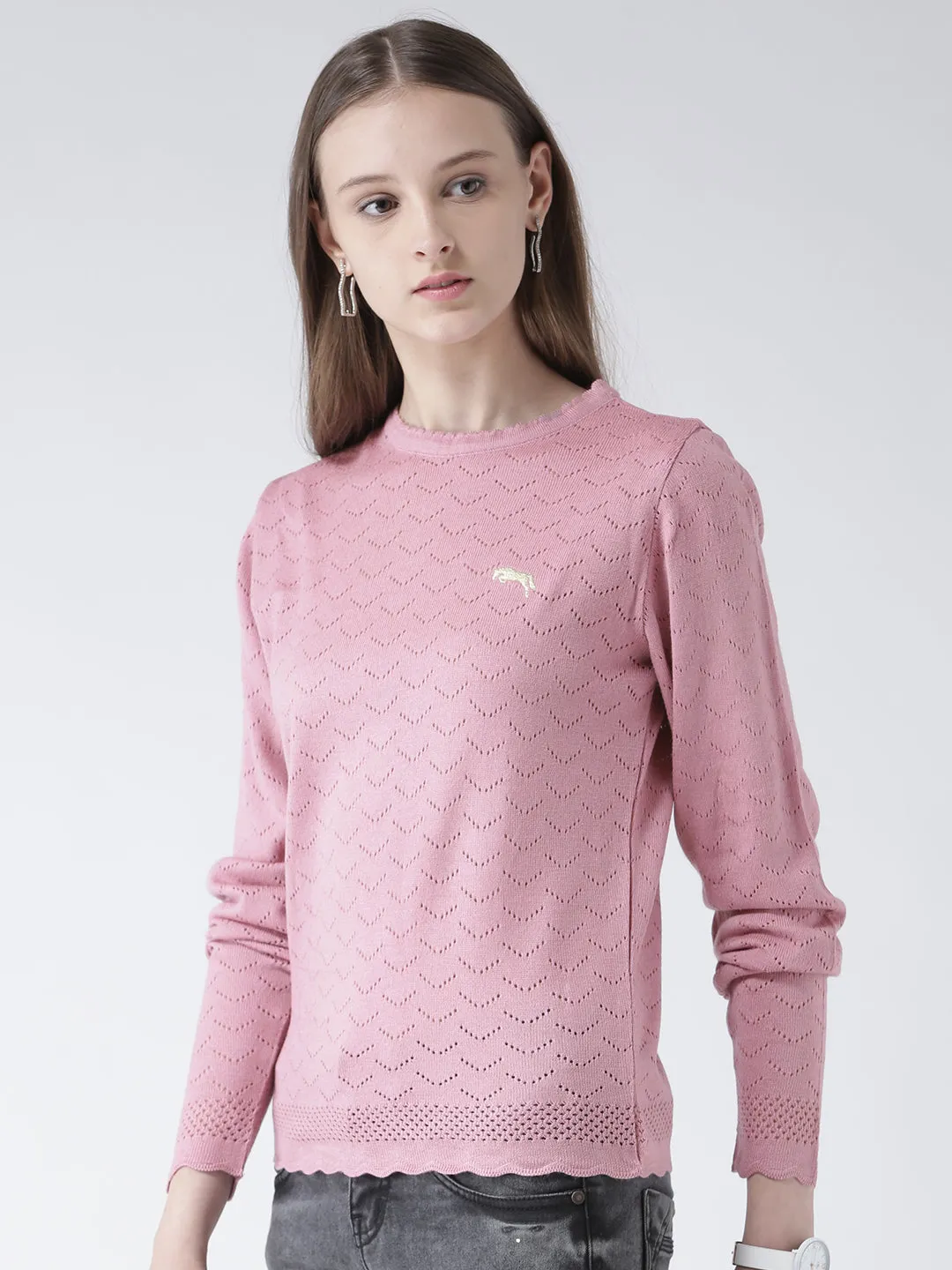 Women Pink Self Design Pullover