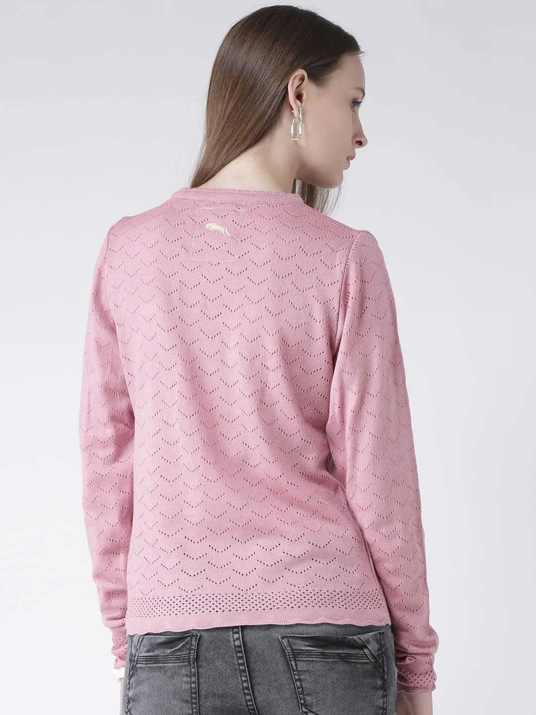 Women Pink Self Design Pullover