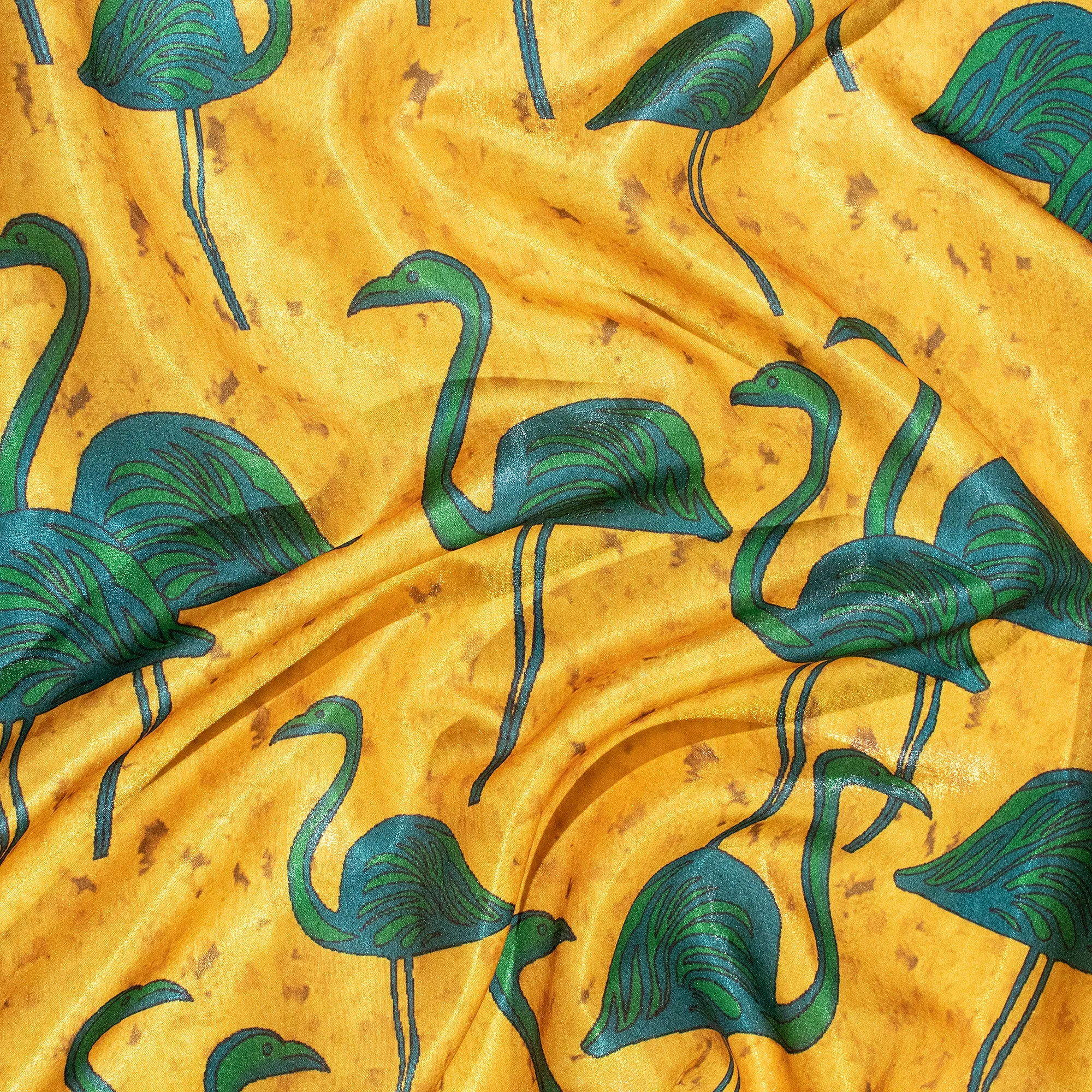 Yellow And Steel Blue Bird Pattern Digital Print Silk Satin Fabric